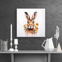 "Warren Reed - Designer Watercolour Hare & Daisies Canvas in Orange - Size: W16"" x H16""" - thumbnail 2