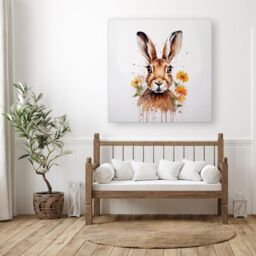 "Warren Reed - Designer Watercolour Hare & Daisies Canvas in Orange - Size: W16"" x H16""" - thumbnail 3