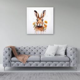 "Warren Reed - Designer Watercolour Hare & Daisies Canvas in Orange - Size: W16"" x H16""" - thumbnail 4