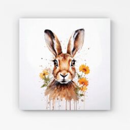 "Warren Reed - Designer Watercolour Hare & Daisies Canvas in Orange - Size: W16"" x H16""" - thumbnail 1