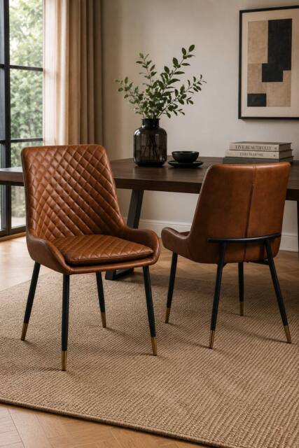 IH Design Leather Steel Dining Chairs Set of 2 Tan Diamond Quilted - image 1