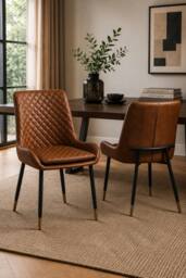 IH Design Leather Steel Dining Chairs Set of 2 Tan Diamond Quilted