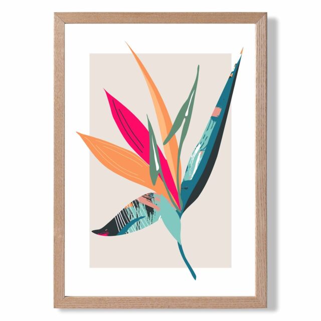 ARTZE Tropical Flower Blue & Pink Boho Botanical Framed Print SIZE: A4 with Oak Frame in Mid Blue - image 1