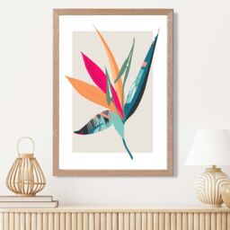 ARTZE Tropical Flower Blue & Pink Boho Botanical Framed Print SIZE: A4 with Oak Frame in Mid Blue - thumbnail 2