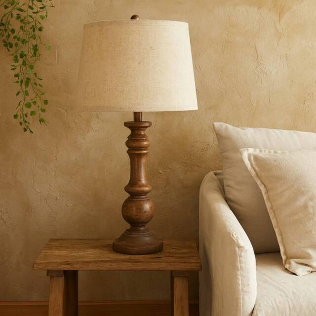 Wyld Haus Perouges Slim Wooden Style Pillar Table Lamp Cream Linen Shade in Brown - Size: 35 cm diameter x 21 cm high - image 1