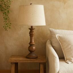 Wyld Haus Perouges Slim Wooden Style Pillar Table Lamp Cream Linen Shade in Brown - Size: 35 cm diameter x 21 cm high