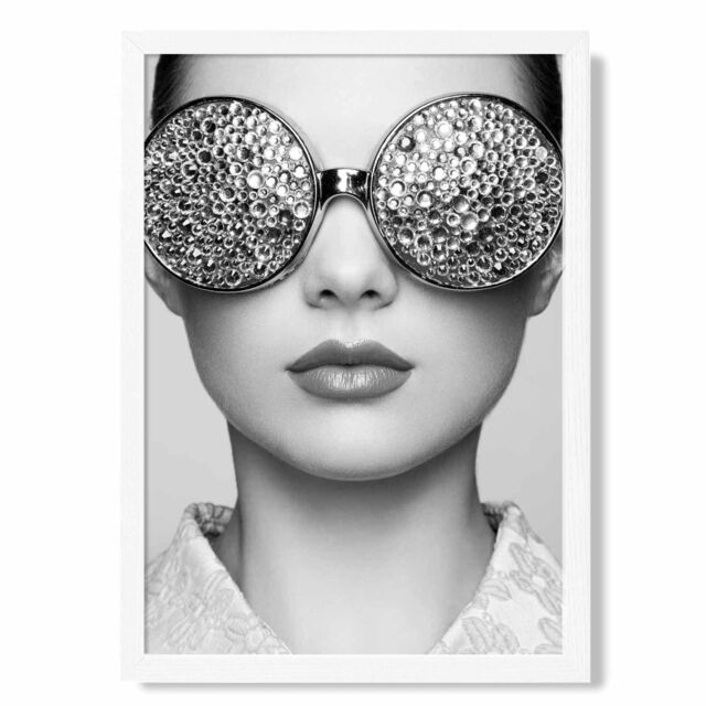 ARTZE Girl with Silver Bling Sunglasses Fashion Black & White Photo Framed Print SIZE: A2 with White Frame - Size: A4 - image 1