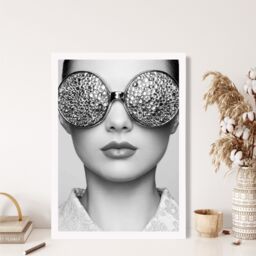 ARTZE Girl with Silver Bling Sunglasses Fashion Black & White Photo Framed Print SIZE: A2 with White Frame - Size: A4 - thumbnail 2