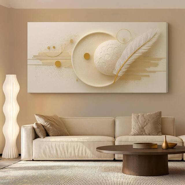 Mafett Large Canvas Contemporary Moon Feather Wall Art Flat Effect in Beige - image 1