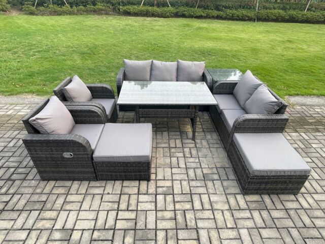 Fimous 9 Seater Garden Rattan Furniture Dining Table Sofa Set Indoor Outdoor with 2 Reclining Chairs Side Tables 2 Big Footstool Dark Grey Mixed - image 1