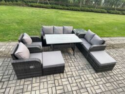 Fimous 9 Seater Garden Rattan Furniture Dining Table Sofa Set Indoor Outdoor with 2 Reclining Chairs Side Tables 2 Big Footstool Dark Grey Mixed - thumbnail 2