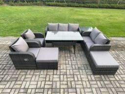 Fimous 9 Seater Garden Rattan Furniture Dining Table Sofa Set Indoor Outdoor with 2 Reclining Chairs Side Tables 2 Big Footstool Dark Grey Mixed - thumbnail 1