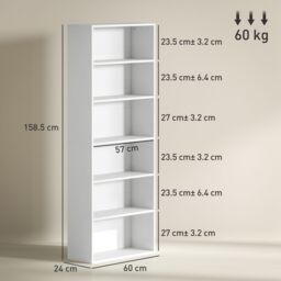 HOMCOM 6 Tier Bookshelf, Freestanding Bookcase with Adjustable Shelves, White - thumbnail 3