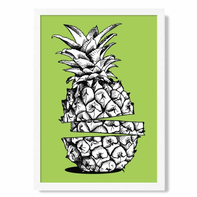 ARTZE Sketch Pineapple on Bright Green Framed Print SIZE: A3 with White Frame - Size: A4 - image 1