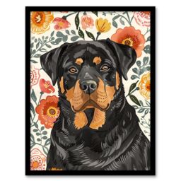 "Artery8 Rottweiler Dog Lover Bright Floral Pet Portrait Framed Wall Art - Size: W12"" x H16""" - thumbnail 1