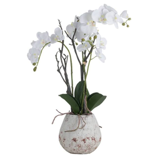 Lemon Pavilion Furniture and Decor Orchid in Stone Pot Artificial Flower - L46 x W46 x H70 cm - White - image 1