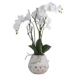 Lemon Pavilion Furniture and Decor Orchid in Stone Pot Artificial Flower - L46 x W46 x H70 cm - White