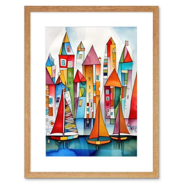 "Artery8 Wall Art Print Modern Marina Colourful Port Folk Art Watercolour Painting Artwork Framed 9X7 Inch in Beige - Size: W7"" x H9""" - image 1