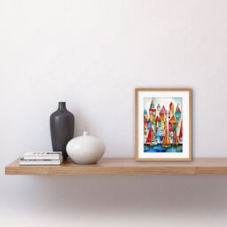 "Artery8 Wall Art Print Modern Marina Colourful Port Folk Art Watercolour Painting Artwork Framed 9X7 Inch in Beige - Size: W7"" x H9""" - thumbnail 2