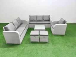 Fimous 9 Seater Poly Rattan Outdoor Garden Furniture Square Coffee Table Sofa Set Patio 3 Seater Sofa Reclining Chair 3 Seater Sofa Stools Light Grey - thumbnail 2