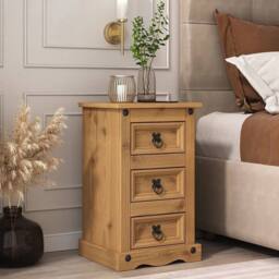Havendro Bedside Table 3 Drawer Cabinet x2 Chest End Table Pine in Brown - thumbnail 3
