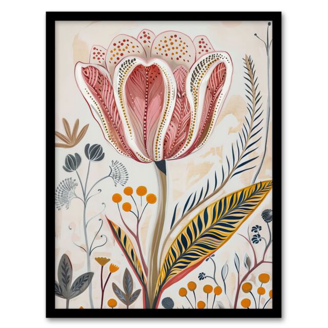 "Artery8 Tulip Flower Orange Grey Pink Folk Art Floral Framed Art Print in Beige - Size: W12"" x H16""" - image 1