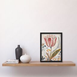 "Artery8 Tulip Flower Orange Grey Pink Folk Art Floral Framed Art Print in Beige - Size: W12"" x H16""" - thumbnail 4