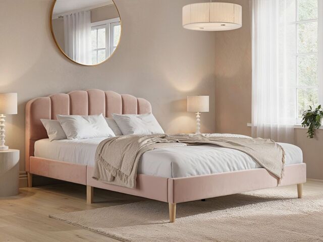 Flair Scallop Velvet Bed in Pink - Size: Double - image 1