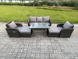 Fimous Garden Furniture Sets 7 Seater Rattan Furniture Manual Wicker Patio Sofa Patio Conversation Set with 2 Big Footstool Dark Grey Mixed - thumbnail 1