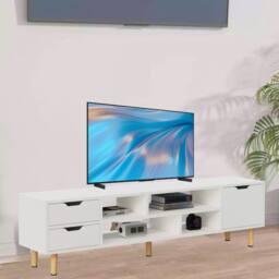 FORGEVIO High Gloss TV Stand Entertainment Cabinet 1 Door 4 Storage in White - thumbnail 5