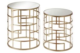 Orsina Set Of 2 Champagne Frame Tables, Art Deco Inspired End Tables, Asymmetrical Geometric Design Nesting Tables in Gold