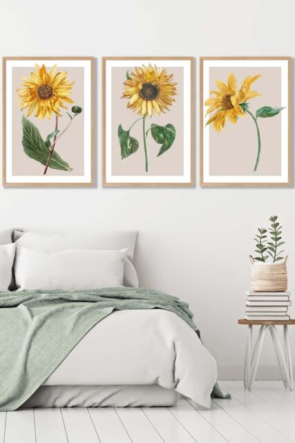 ARTZE Set of 3 Oak Framed Vintage Sunflowers on Beige Wall Art in Bright Yellow - Size: W33 cm x H45 cm x D20mm - image 1