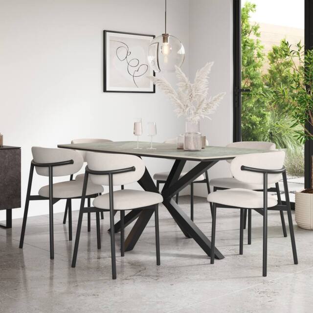 More4Homes Juno Light grey Ceramic Dining Table & 8 Myla Linen Chairs in Beige - image 1