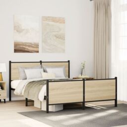 Berkfield Home Metal Bed Frame without Mattress Sonoma Oak 140x190 cm in Brown - thumbnail 1