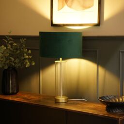ValueLights Balan Glass & Matt Gold Table Lamp with Velvet Drum Lamp Shade & LED Bulb in Bottle Green - thumbnail 3