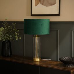 ValueLights Balan Glass & Matt Gold Table Lamp with Velvet Drum Lamp Shade & LED Bulb in Bottle Green - thumbnail 5