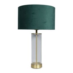 ValueLights Balan Glass & Matt Gold Table Lamp with Velvet Drum Lamp Shade & LED Bulb in Bottle Green - thumbnail 2