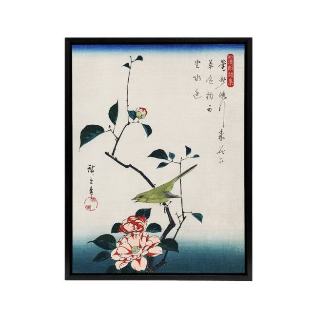 "Artery8 Nightingale Japanese Vintage Bird Framed Canvas Wall Art Print Hiroshige in Blue - Size: W12"" x H16""" - image 1