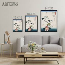 "Artery8 Nightingale Japanese Vintage Bird Framed Canvas Wall Art Print Hiroshige in Blue - Size: W12"" x H16""" - thumbnail 4
