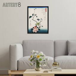 "Artery8 Nightingale Japanese Vintage Bird Framed Canvas Wall Art Print Hiroshige in Blue - Size: W12"" x H16""" - thumbnail 3