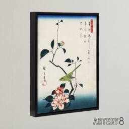 "Artery8 Nightingale Japanese Vintage Bird Framed Canvas Wall Art Print Hiroshige in Blue - Size: W12"" x H16""" - thumbnail 2