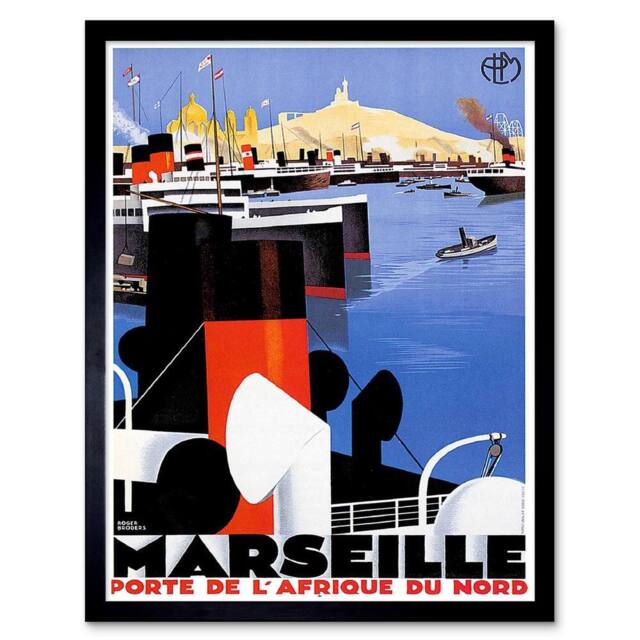 "Artery8 Travel Tourism Marseilles France Mediterranean Framed Wall Art in Blue - Size: W12"" x H16""" - image 1