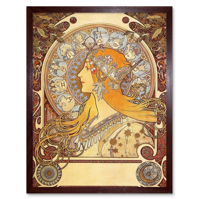 "Artery8 Wall Art Print Alphonse Mucha 1896 Zodiac Signs Art Nouveau Old Master Painting Art Framed in Brown - Size: W12"" x H16""" - image 1
