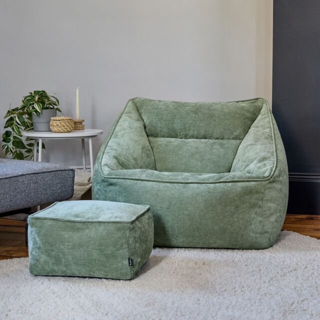 icon Natalia Chenille Adults Bean Bag Armchair & Pouffe, Large Beanbag & Footstool Grey in Green - Size: XL