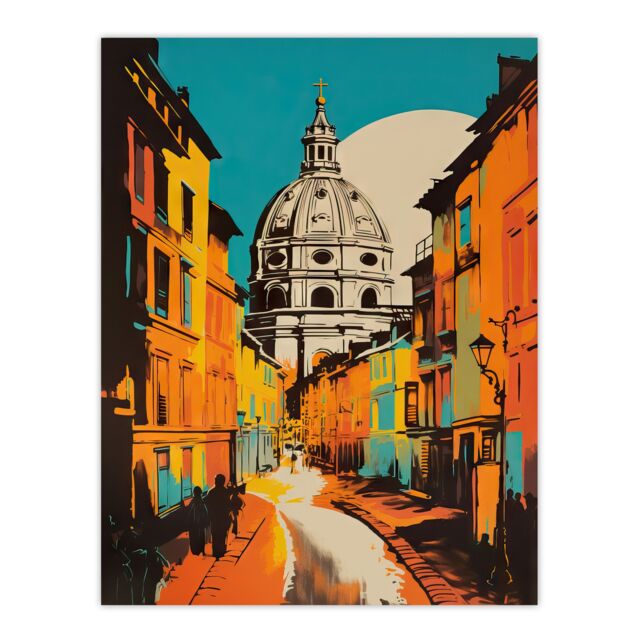 "Artery8 Wall Art Print Vatican City St Peter's Basilica Vibrant Painting Yellow Orange Blue Italian City Architecture Poster - Size: W18"" x H24""" - image 1