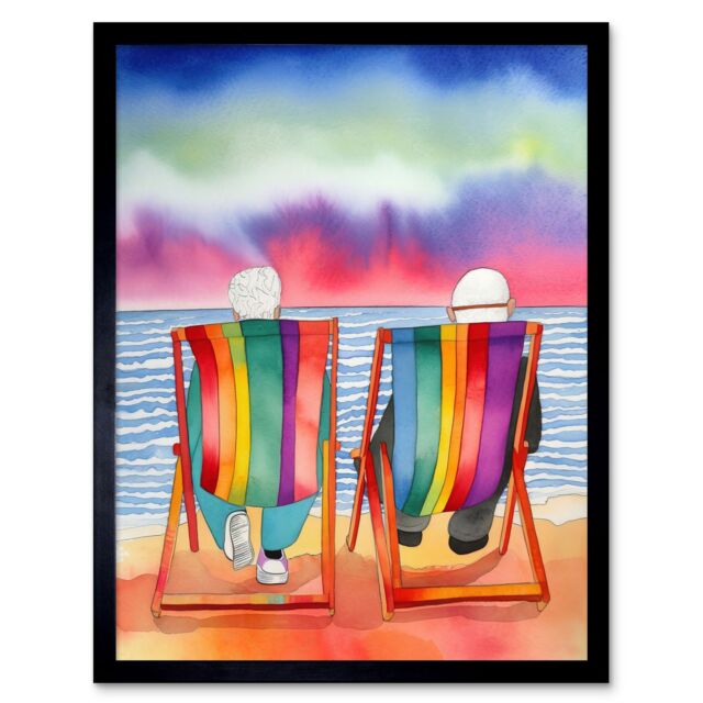 "Artery8 Wall Art Print Elderly Couple Sitting At The Beach Looking At The Sunset Sky Watercolour Art Framed in Black - Size: W12"" x H16""" - image 1