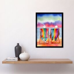 "Artery8 Wall Art Print Elderly Couple Sitting At The Beach Looking At The Sunset Sky Watercolour Art Framed in Black - Size: W12"" x H16""" - thumbnail 2