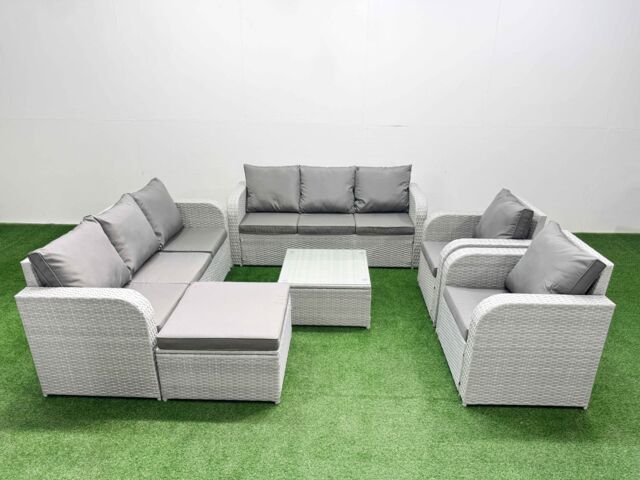 Fimous PE Rattan High Back Lounge Sofa Set Patio Square Coffee Table & Chairs Set with 3 Seater Sofa Reclining Chair Big Footstool Light Grey - image 1