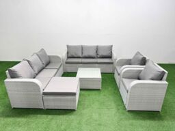 Fimous PE Rattan High Back Lounge Sofa Set Patio Square Coffee Table & Chairs Set with 3 Seater Sofa Reclining Chair Big Footstool Light Grey - thumbnail 1