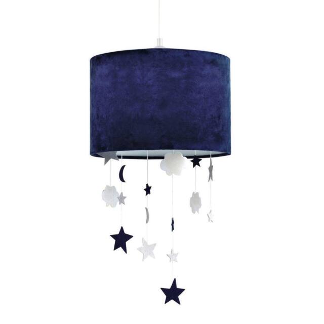 Happy Homewares Soft Velvet Pendant Lamp Shade with Hanging Felt Stars & Clouds in Midnight - Size: 12 inches - image 1